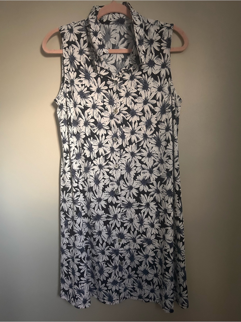 Vintage 90d Sleeveless Daisy Print Shift Dress - Navy & White
